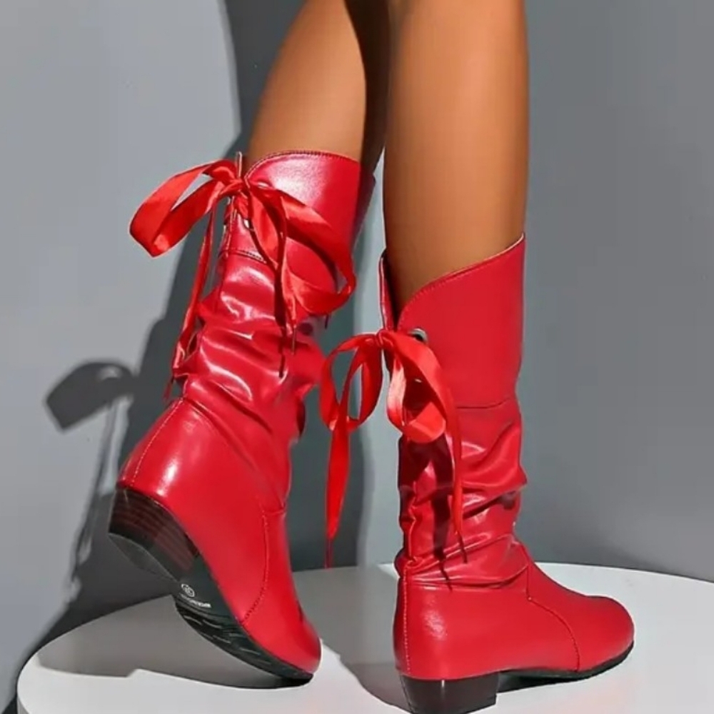 Red Ankle Boots with Ribbon Detail